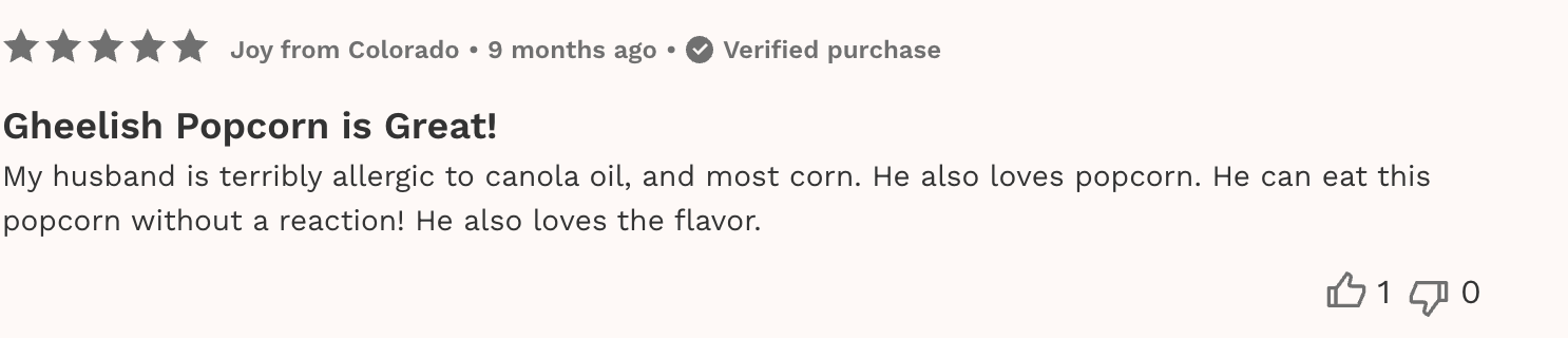Five-star review from Joy in Colorado: Gheelish Popcorn is Great