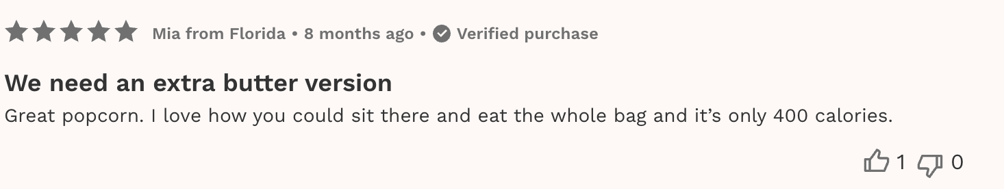 Five-star review from Mia in Florida: We need an extra butter version