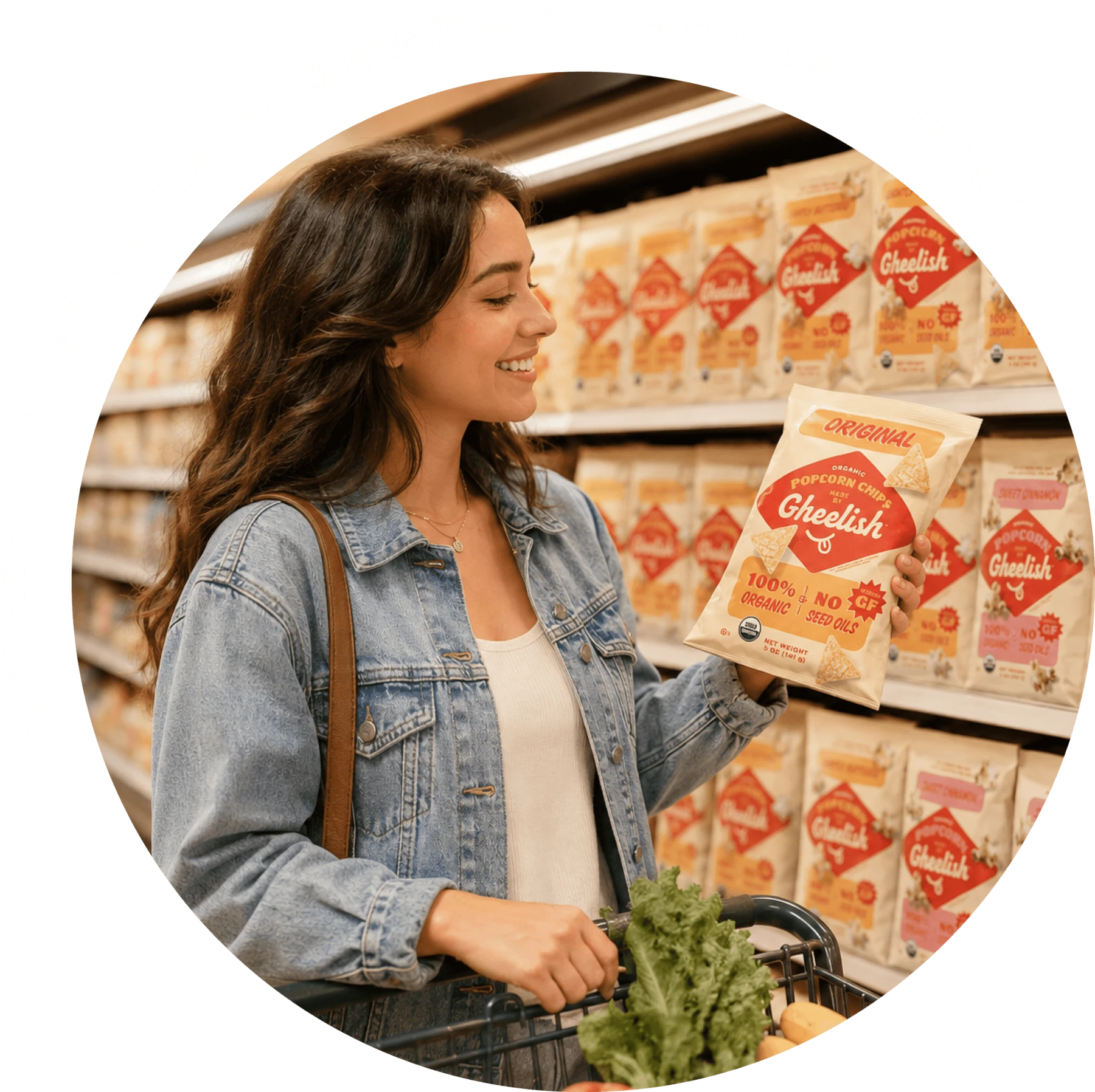 A shopper choosing Gheelish in a grocery aisle