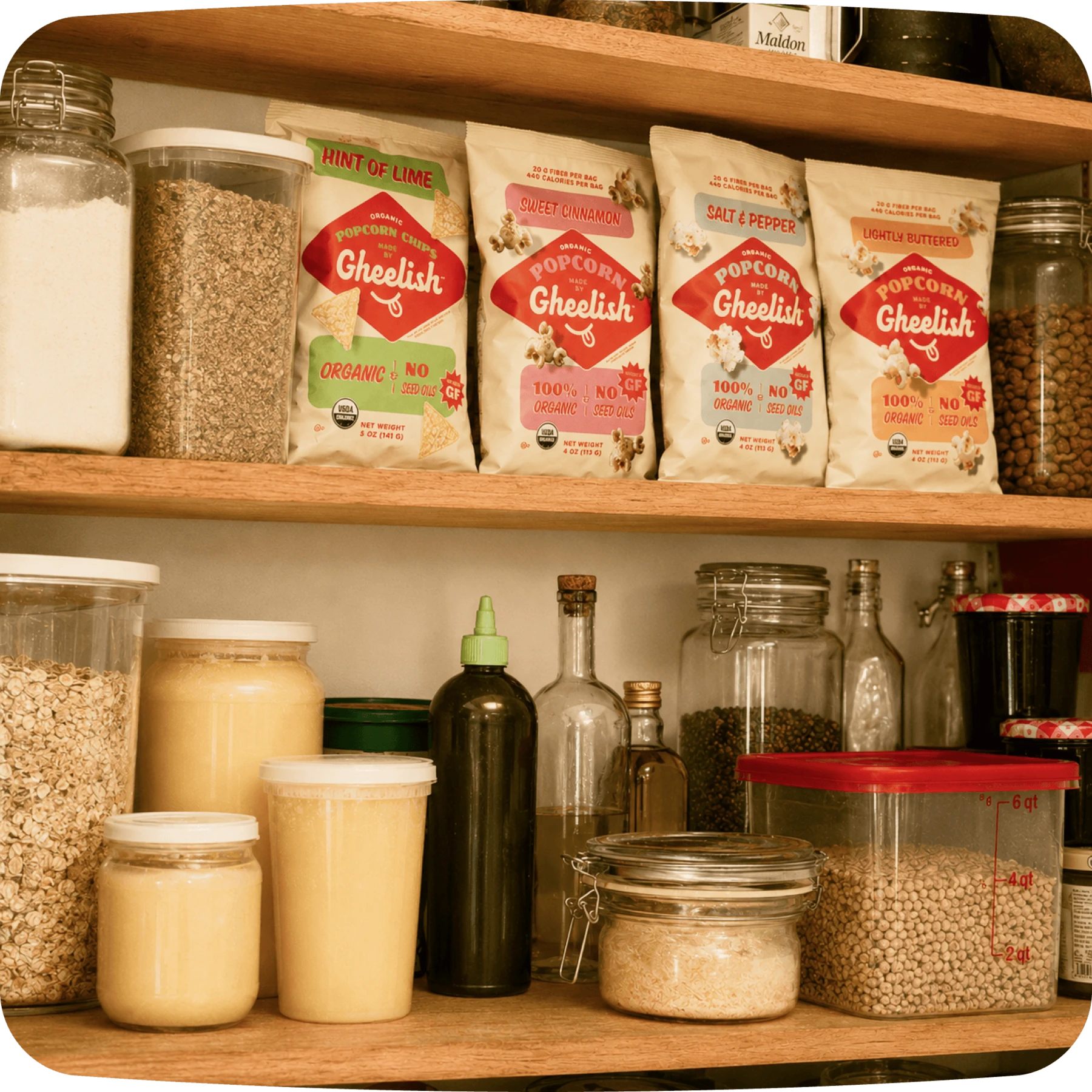 A pantry stocked with Gheelish snacks and real ingredients